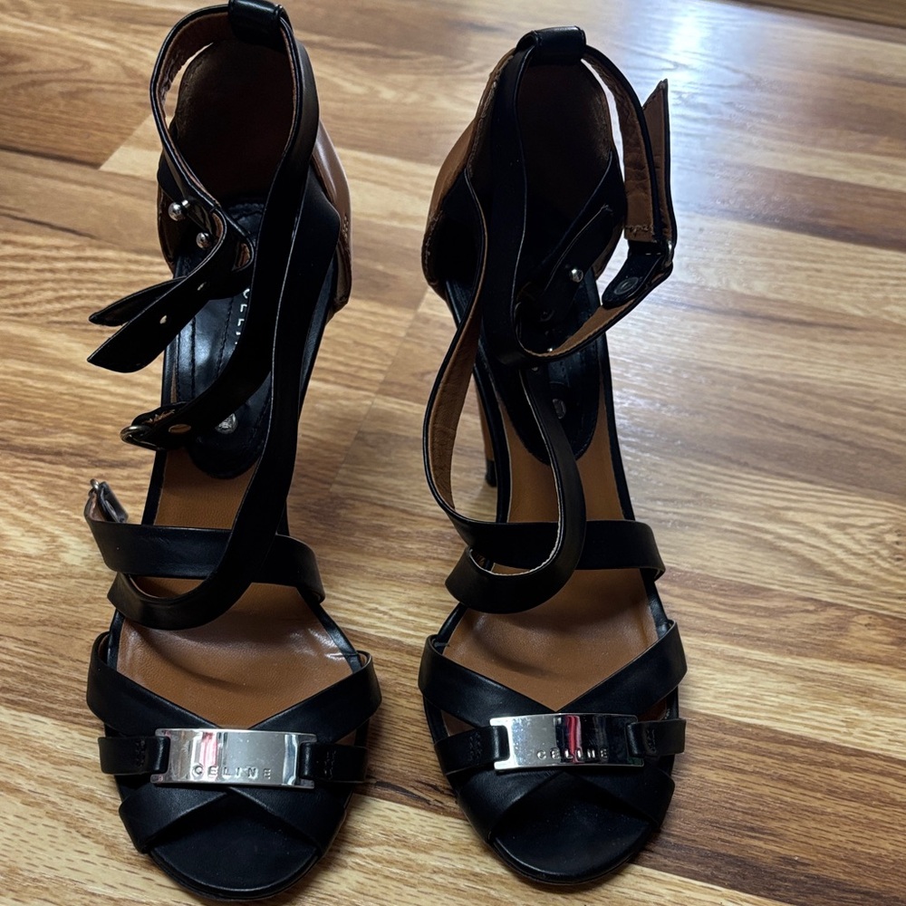 Celine Black Strappy Heels with Silver Accents